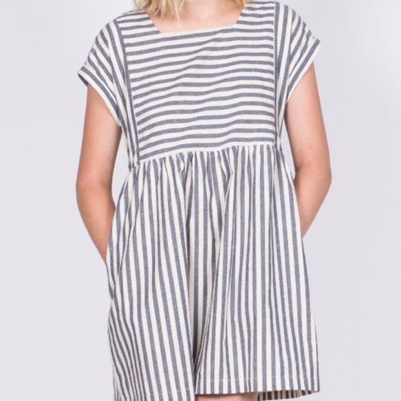 SOLD_____________Listicle Blue Ivory Stripes Babydoll Dress Small - Picture 1 of 7